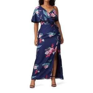 Harlyn Blue Floral Silk One Shoulder Gown L